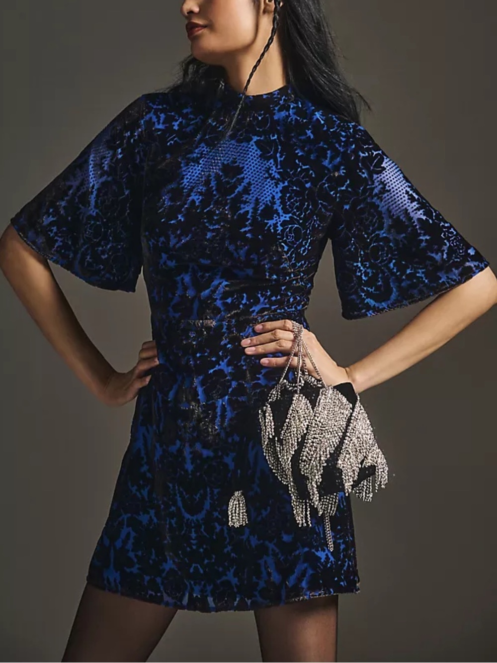 By Anthropologie Mock-Neck Velvet Mini Dress Flutter Sleeve Blue Black Size 2